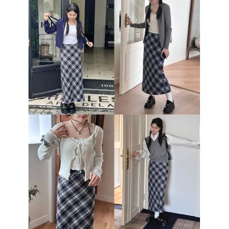 FA46533# -格子布复合加绒加厚新款百搭后开叉休闲半身裙女