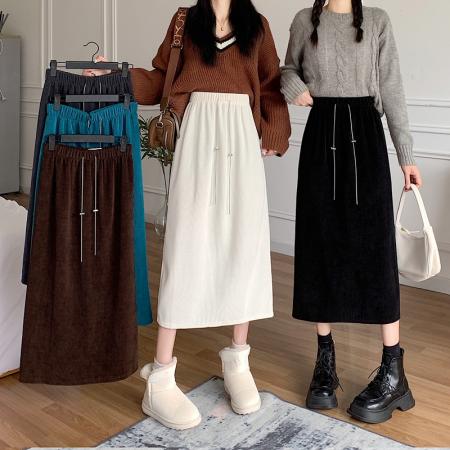 FA46534# -灯芯绒加绒加厚新款链条百搭后开叉休闲半身裙女