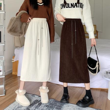 FA46534# -灯芯绒加绒加厚新款链条百搭后开叉休闲半身裙女