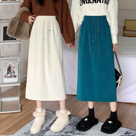 FA46534# -灯芯绒加绒加厚新款链条百搭后开叉休闲半身裙女