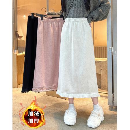FA46535# -灯芯绒加绒加厚新款流苏百搭后开叉休闲半身裙女
