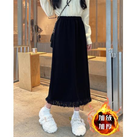 FA46535# -灯芯绒加绒加厚新款流苏百搭后开叉休闲半身裙女