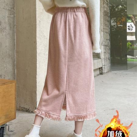 FA46535# -灯芯绒加绒加厚新款流苏百搭后开叉休闲半身裙女