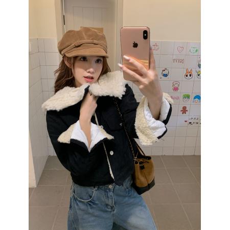 FA46538# 新款棉袄短款羊羔毛牛仔外套女秋冬季夹棉高级感加厚夹克上衣