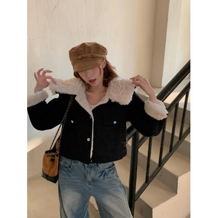 FA46538# 新款棉袄短款羊羔毛牛仔外套女秋冬季夹棉高级感加厚夹克上衣