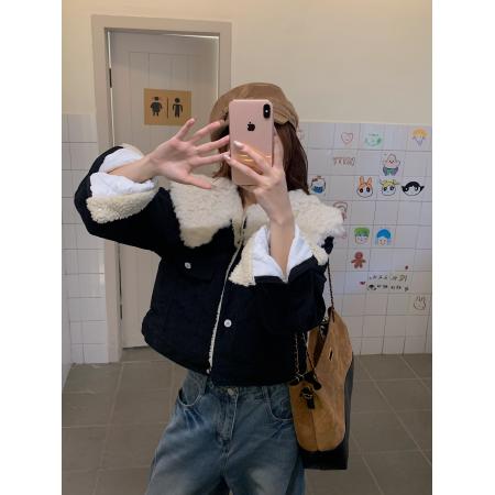 FA46538# 新款棉袄短款羊羔毛牛仔外套女秋冬季夹棉高级感加厚夹克上衣