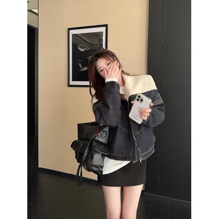 FA46539# 时尚加厚羊羔毛娃娃领牛仔外套女冬季美式炸街短款加厚棉服