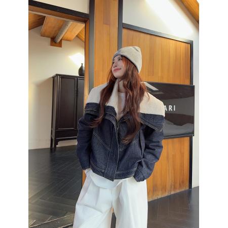 FA46539# 时尚加厚羊羔毛娃娃领牛仔外套女冬季美式炸街短款加厚棉服