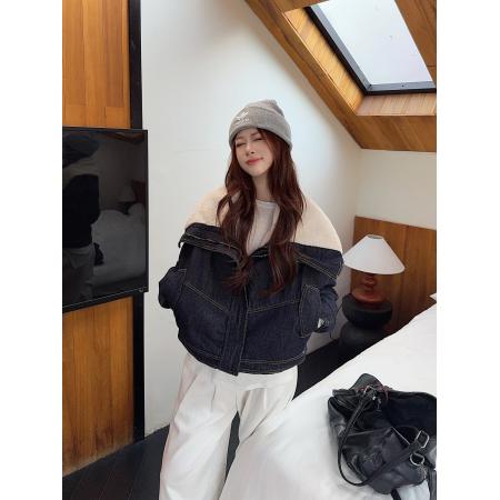 FA46539# 时尚加厚羊羔毛娃娃领牛仔外套女冬季美式炸街短款加厚棉服