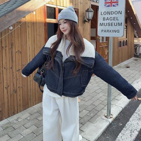 FA46539# 时尚加厚羊羔毛娃娃领牛仔外套女冬季美式炸街短款加厚棉服