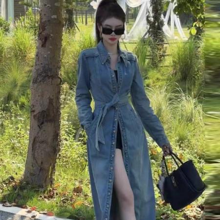 FA46540# 复古单排扣长款翻领牛仔风衣外套女秋冬新款系带收腰显瘦气质大衣