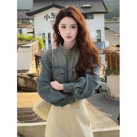 FA46541# 复古小香风立领牛仔外套女早秋春装新款设计感漂亮夹克衫上衣