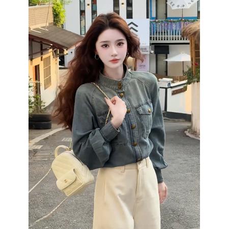 FA46541# 复古小香风立领牛仔外套女早秋春装新款设计感漂亮夹克衫上衣
