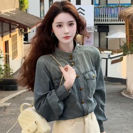 FA46541# 复古小香风立领牛仔外套女早秋春装新款设计感漂亮夹克衫上衣