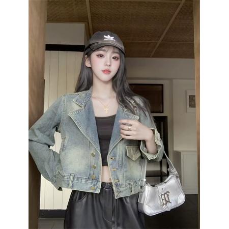 FA46542# 港风复古牛仔短外套女春秋新款潮流长袖上衣时尚休闲百搭机车夹克