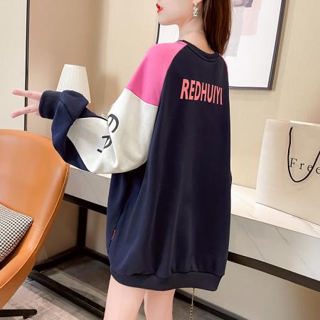 FA46565# 秋韩版新款宽松大码圆领撞色拼接卫衣女