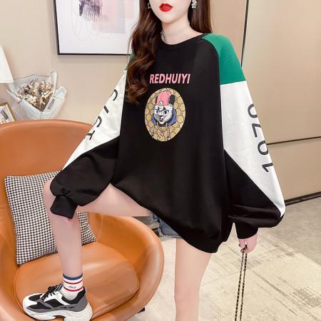 FA46565# 秋韩版新款宽松大码圆领撞色拼接卫衣女