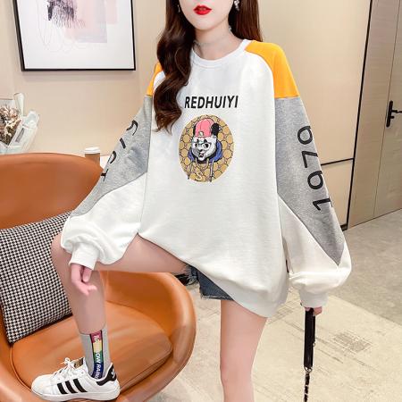 FA46565# 秋韩版新款宽松大码圆领撞色拼接卫衣女