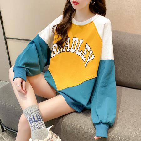 FA46567# 秋季新款韩版宽松撞色拼接薄款卫衣女