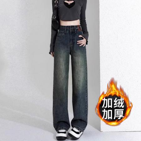 FA46572# 加绒加厚窄版直筒牛仔裤女秋冬季高腰宽松显瘦阔腿拖地裤子ins潮