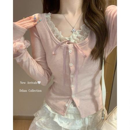 FA46575# 假两件粉色蕾丝拼接长袖T恤女内搭打底衫上衣