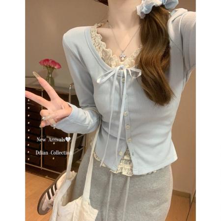 FA46575# 假两件粉色蕾丝拼接长袖T恤女内搭打底衫上衣