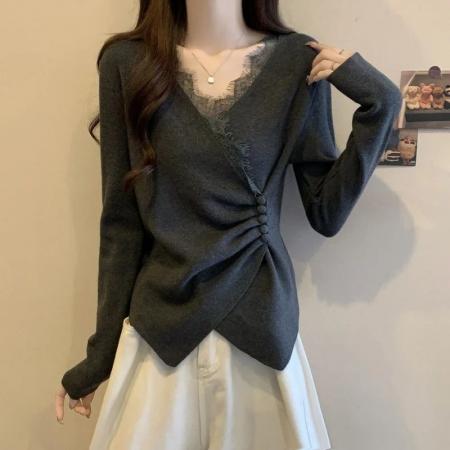 FA46576# 德绒螺纹灰色蕾丝长袖女不规则交叉打底衫上衣