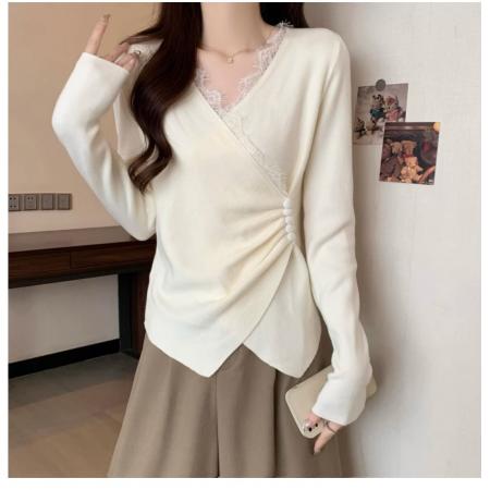 FA46576# 德绒螺纹灰色蕾丝长袖女不规则交叉打底衫上衣