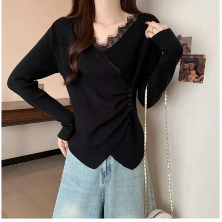 FA46576# 德绒螺纹灰色蕾丝长袖女不规则交叉打底衫上衣