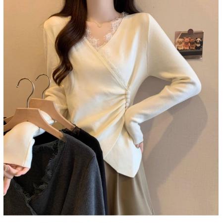 FA46576# 德绒螺纹灰色蕾丝长袖女不规则交叉打底衫上衣