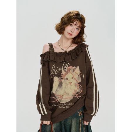 FA46577# 大码女装美式复古荷叶边斜肩卫衣女秋季新款设计感甜酷宽松上衣潮