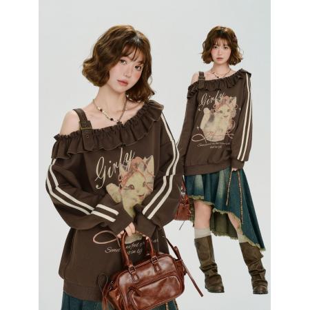 FA46577# 大码女装美式复古荷叶边斜肩卫衣女秋季新款设计感甜酷宽松上衣潮