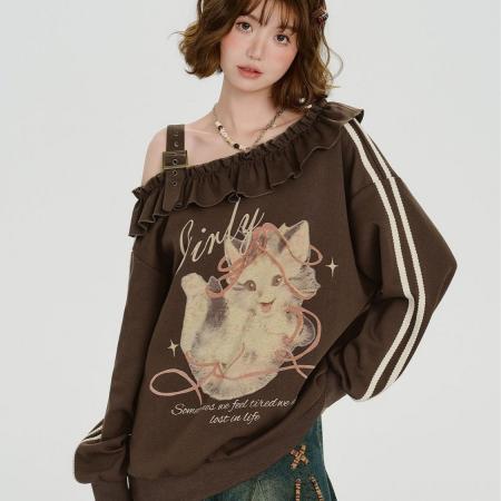 FA46577# 大码女装美式复古荷叶边斜肩卫衣女秋季新款设计感甜酷宽松上衣潮