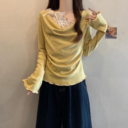 FA46579# 黄色长袖T恤女新款韩系早秋流行穿搭大码胖mm正肩巨好看上衣