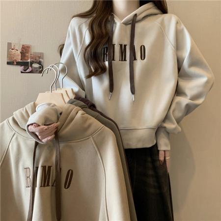 FA46580# 美式复古杏色短款连帽卫衣女秋冬新款时尚宽松休闲百搭长袖上衣