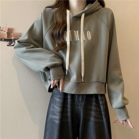 FA46580# 美式复古杏色短款连帽卫衣女秋冬新款时尚宽松休闲百搭长袖上衣