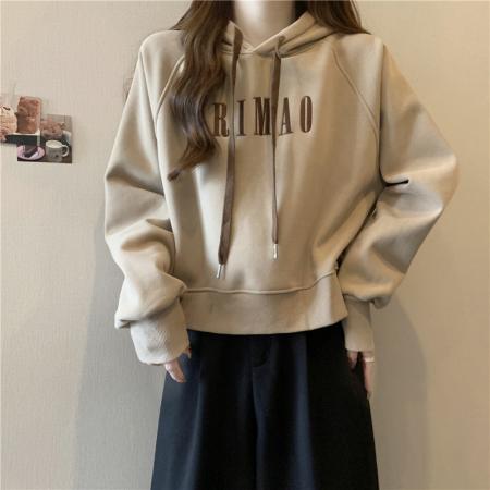 FA46580# 美式复古杏色短款连帽卫衣女秋冬新款时尚宽松休闲百搭长袖上衣