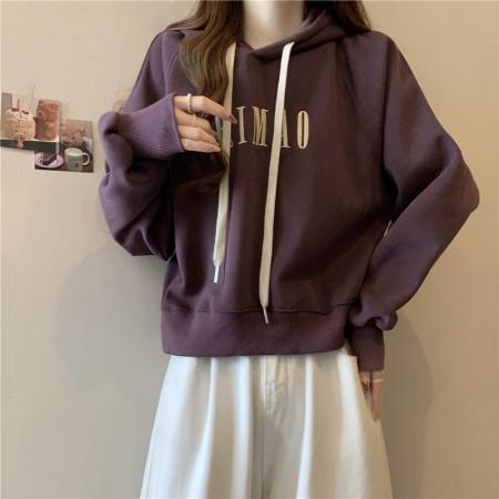 FA46580# 美式复古杏色短款连帽卫衣女秋冬新款时尚宽松休闲百搭长袖上衣