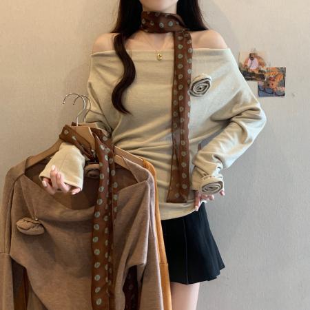 FA46581# 胖妹妹秋装新款法式纯欲风一字肩长袖T恤女立体花朵修身上衣