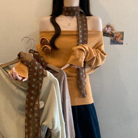 FA46581# 胖妹妹秋装新款法式纯欲风一字肩长袖T恤女立体花朵修身上衣