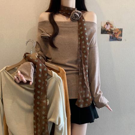 FA46581# 胖妹妹秋装新款法式纯欲风一字肩长袖T恤女立体花朵修身上衣