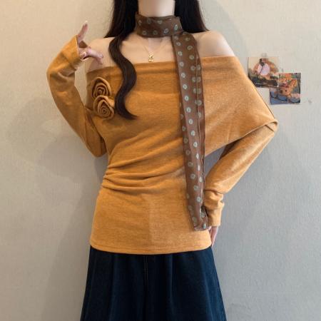 FA46581# 胖妹妹秋装新款法式纯欲风一字肩长袖T恤女立体花朵修身上衣