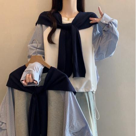 FA46582# 大码女装秋装新款宽松休闲格子袖卫衣拼色搭蓝色披肩两件套女