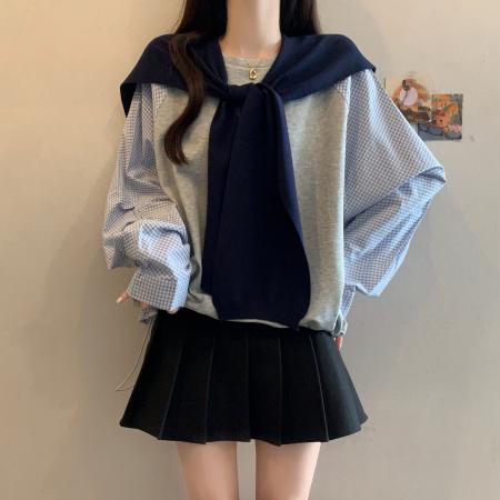 FA46582# 大码女装秋装新款宽松休闲格子袖卫衣拼色搭蓝色披肩两件套女