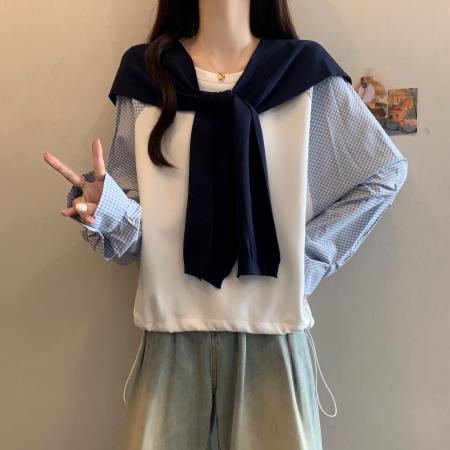 FA46582# 大码女装秋装新款宽松休闲格子袖卫衣拼色搭蓝色披肩两件套女