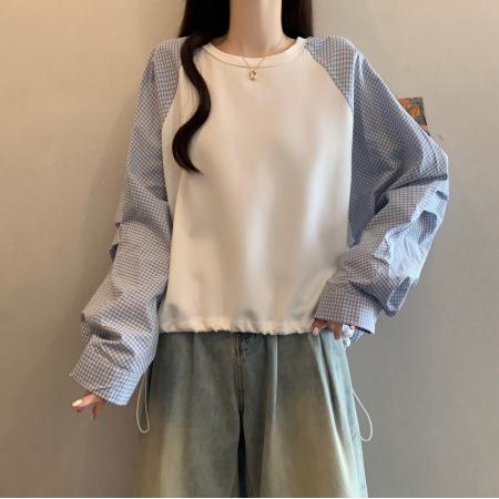 FA46582# 大码女装秋装新款宽松休闲格子袖卫衣拼色搭蓝色披肩两件套女