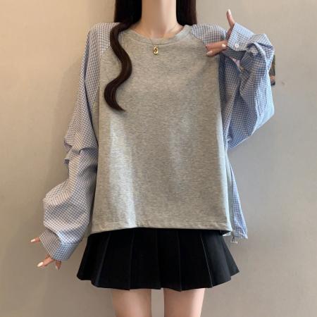 FA46582# 大码女装秋装新款宽松休闲格子袖卫衣拼色搭蓝色披肩两件套女