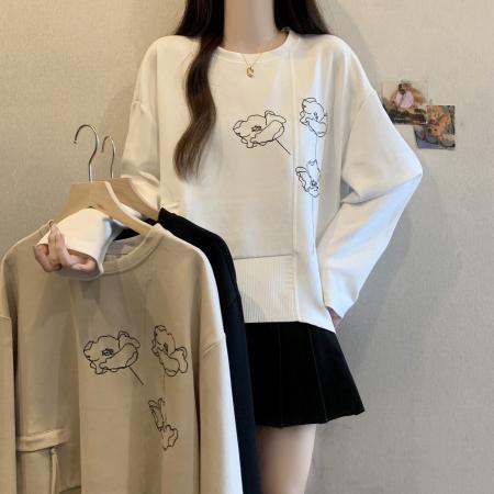 FA46584# 设计感花朵黑色正肩卫衣女秋冬新款大码胖mm宽松遮肚洋气上衣