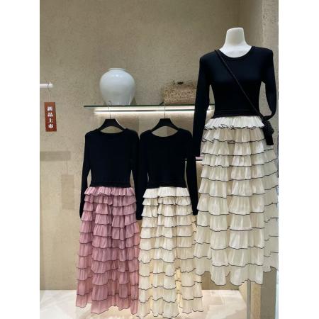 FA46585# 秋冬新款名媛粉红色层叠荷叶边裙摆蛋糕裙连衣裙女