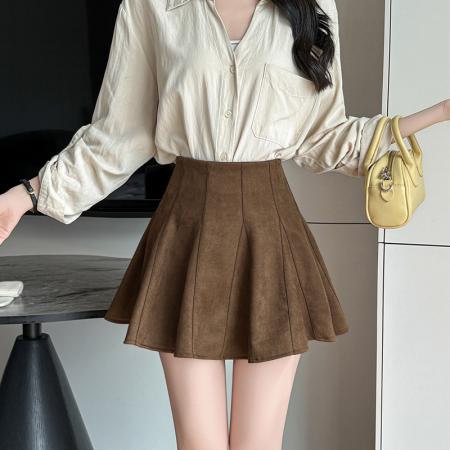 FA46589# 麂皮绒百褶裙短裙女新款秋冬季时尚气质A字裙伞裙半身裙子